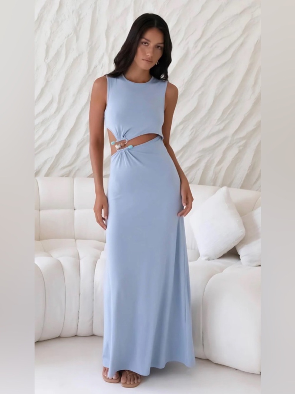 Sleeveless Light Blue Cutout Maxi Dress - Brand: